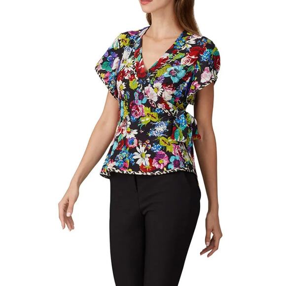 Nanette Lepore Shirt Womens 6 Black Multicolor Floral Boquet Wrap Top - Picture 3 of 13